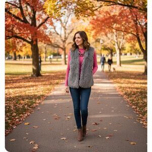 Simply Vera Wang Faux‎ Fur Open Front Sleeveless Gray Vest Jacket SIze L/XL